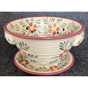 New Debco Pottery Folk Art Country Berry 8" Fruit Colander Strainer Floral